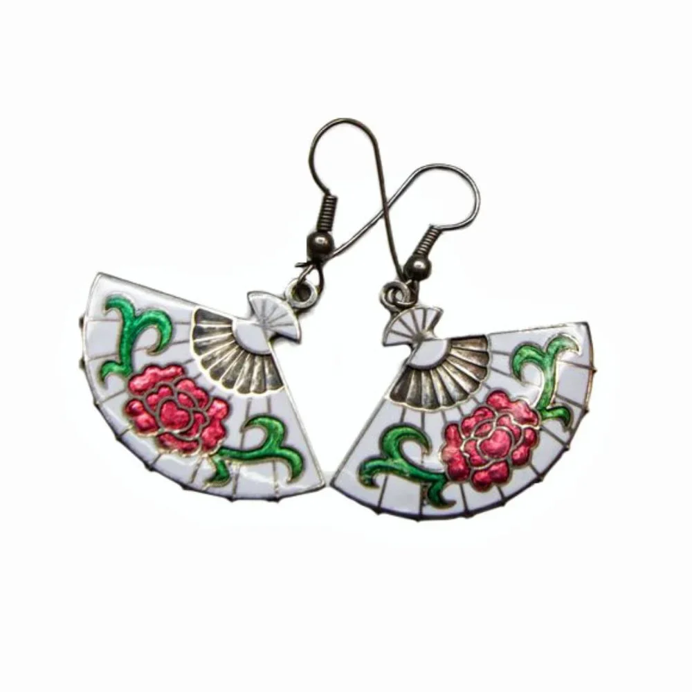 Vintage Cloisonné Floral Fan Silver Tone Earrings